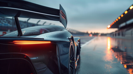 Rear view of a sports car on a wet racetrack at sunset.