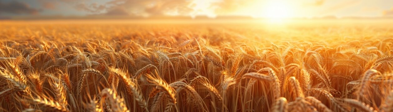 Golden wheat field at sunset, warm light,  beautiful nature scene.
