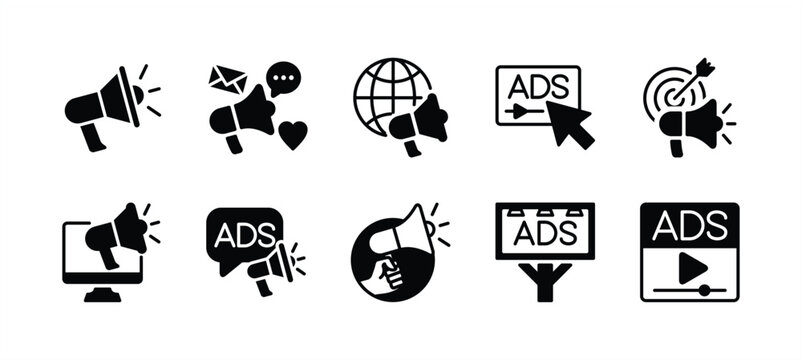 Business advertising icon set. Containing megaphone, media social, online video, campaign, billboard, communication, marketing target, internet, website, adsense. Vector illustration