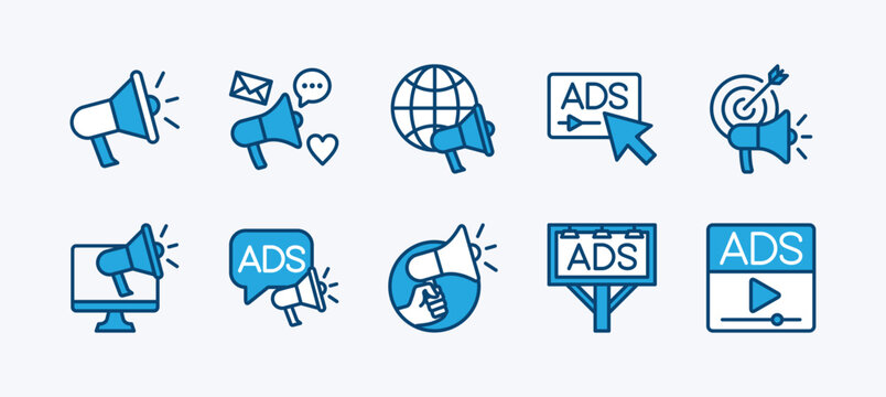 Set of business advertising icon. Containing megaphone, media social, online video, campaign, billboard, communication, marketing target, internet, website, adsense. Vector illustration