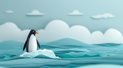 Fototapeta premium Penguin on Ice in Ocean Paper Cut Art
