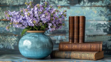 Vintage Books and Lavender Bouquet in a Blue Vase on a Wooden Table