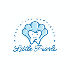 Funny dental character with clam behind for kids teeth care and healty dentistry logo design vector