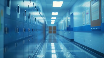 Fototapeta premium A clean, empty school hallway lined with blue lockers and lit by fluorescent lights, creating a calm and orderly atmosphere.