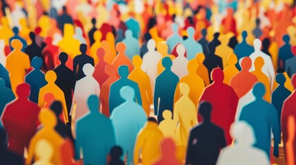 Cut-out figures form a dense crowd, highlighting themes of societal diversity.