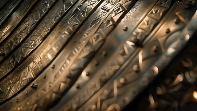 A closeup of a shiny silver rotor blade with intricate geometric designs etched into its surface.