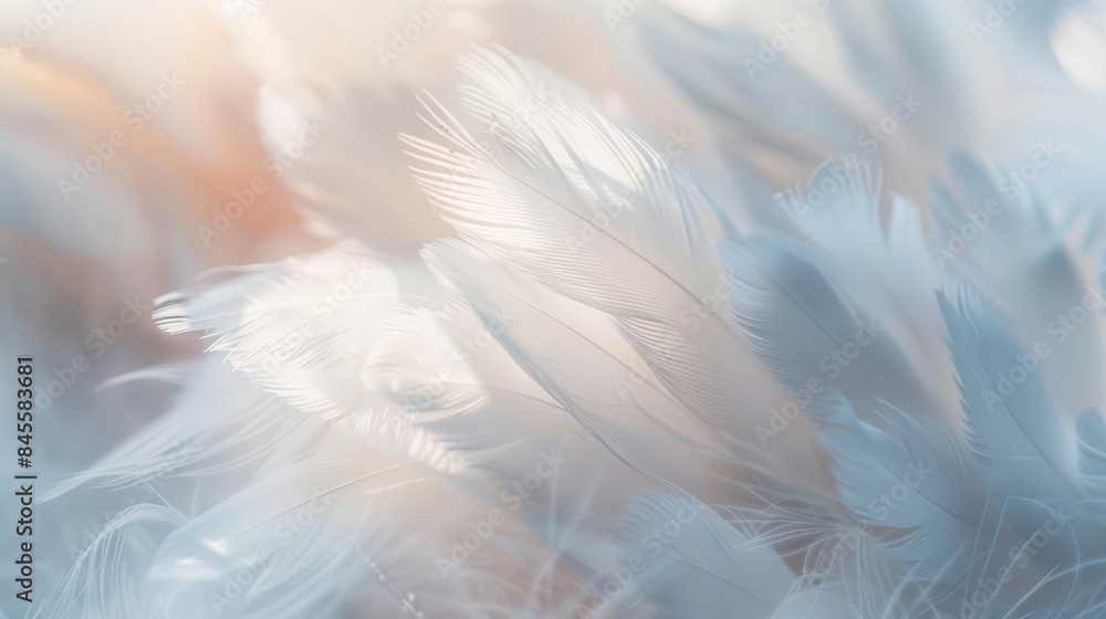 Poster macro shot of white feathers with fine details, illuminated by soft lighting, creating a serene and 