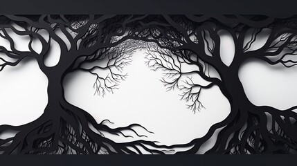 A paper cut illustration of intertwined tree roots, creating a complex and beautiful design symbolizing connection and unity in nature.
