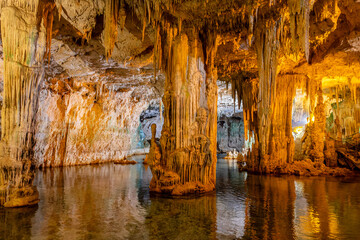 Interior of Neptune's Grotto, a stalactite cave near Alghero on the island of Sardinia, Italy © Delphotostock