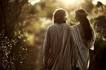 A professional photograph capturing Jesus and a woman walking back to back, symbolizing support and companionship. The serene setting enhances the sense of unity and strength.
