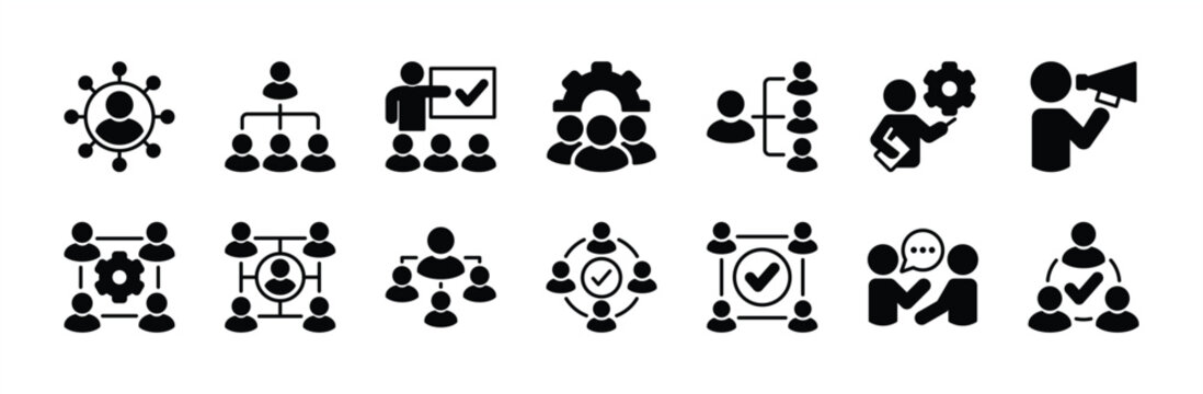 Event management icon set. Containing coordination, hierarchy, teamwork, leadership, discussion, meeting, organization, collaboration, marketing, connection. Vector illustration