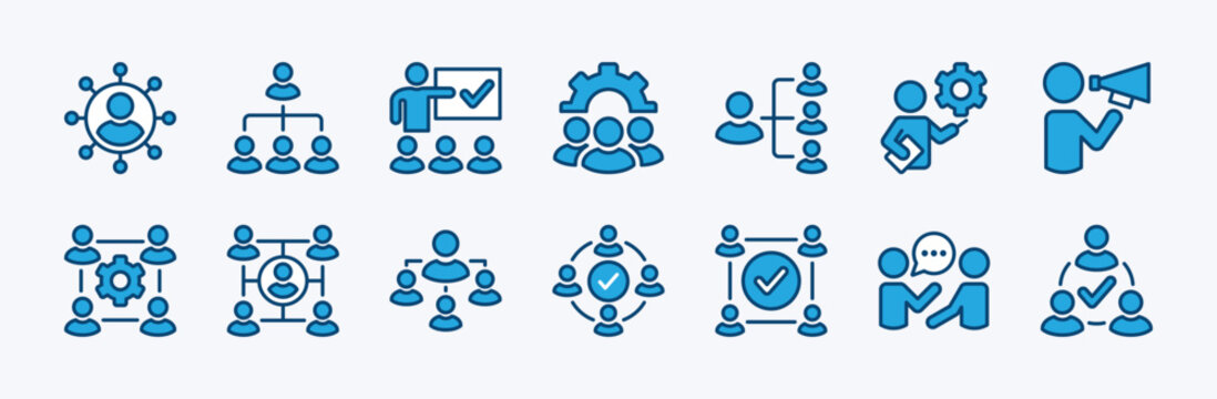 Set of event management icon. Containing coordination, hierarchy, teamwork, leadership, discussion, meeting, organization, collaboration, marketing, connection. Vector illustration