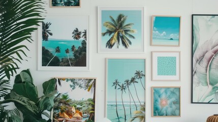 Tropical Paradise on Display: Poster Collection on White Wall