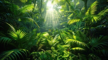 Obraz premium Sunlight beams through dense jungle foliage, creating a mystical atmosphere. Lush green leaves and vibrant colors capture the beauty of a tropical rainforest.