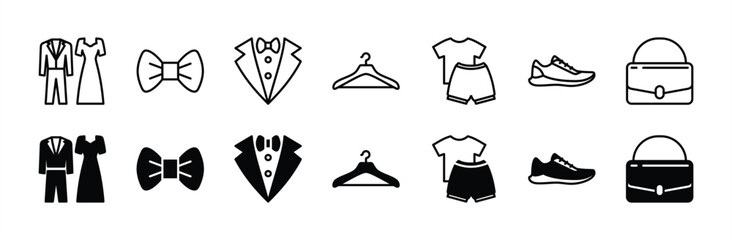 Event dress code thin line icon set. Containing clothes, tuxedo, shirt, suit, tie, shoe, hanger, and bag for fashion, wedding, ceremony, celebration, festival and other. Vector illustration