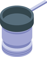 Small metal pot with handle is filled with water and standing on white background, 3d isometric illustration
