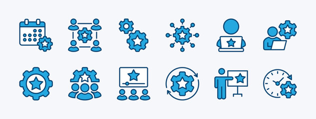 Set of event management icon. Containing calendar, schedule, organization, monitoring or control, time, process, strategy planning, team, online video, connection. Vector illustration