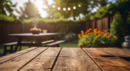 Summer time in backyard garden with grill BBQ, wooden table, blurred background perfect for content on outdoor activities, summer parties, BBQ recipes, and garden gatherings.
