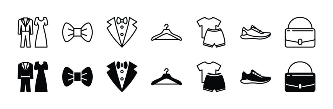 Event dress code thin line icon set. Containing clothes, tuxedo, shirt, suit, tie, shoe, hanger, and bag for fashion, wedding, ceremony, celebration, festival and other. Vector illustration