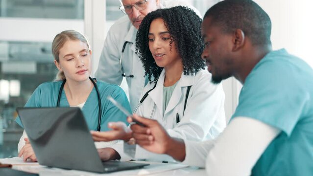Laptop, doctors and group in discussion in meeting for healthcare, brainstorming and mentor training nurse interns online. Medical, team and happy people laughing, typing or collaboration in hospital