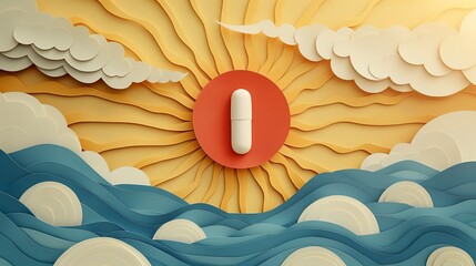 Paper Cut Pill with Sun and Ocean Scene