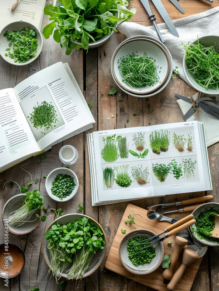 Poster a top-down view of a rustic kitchen table featuring a variety of microgreen recipe books and bowls o