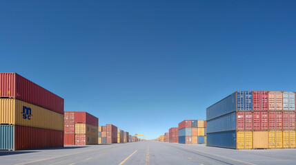 Fototapeta premium Container yard with a clear blue sky and ample ground space, focusing on global business logistics for freight carriers and cargo transportation