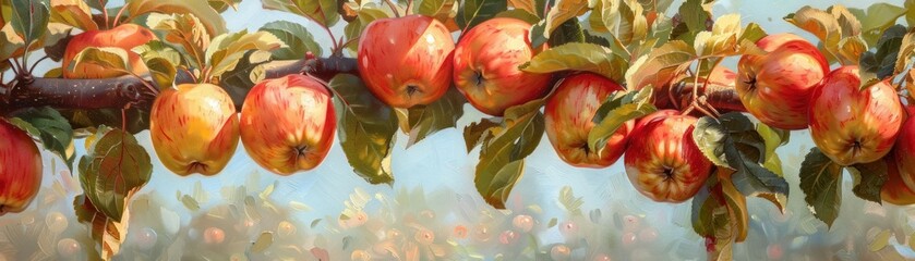 A close-up of ripe red apples hanging from a tree branch.