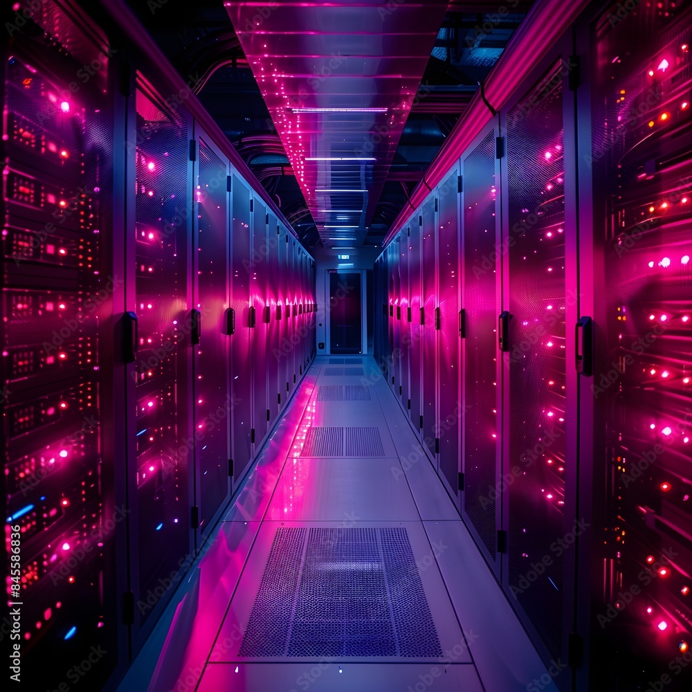 Poster glowing quantum computer lab in a dim high tech facility technology concept with copy space