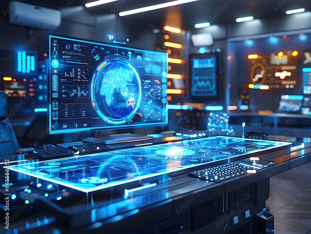 Poster futuristic augmented reality workspace with holographic displays and interactive interfaces