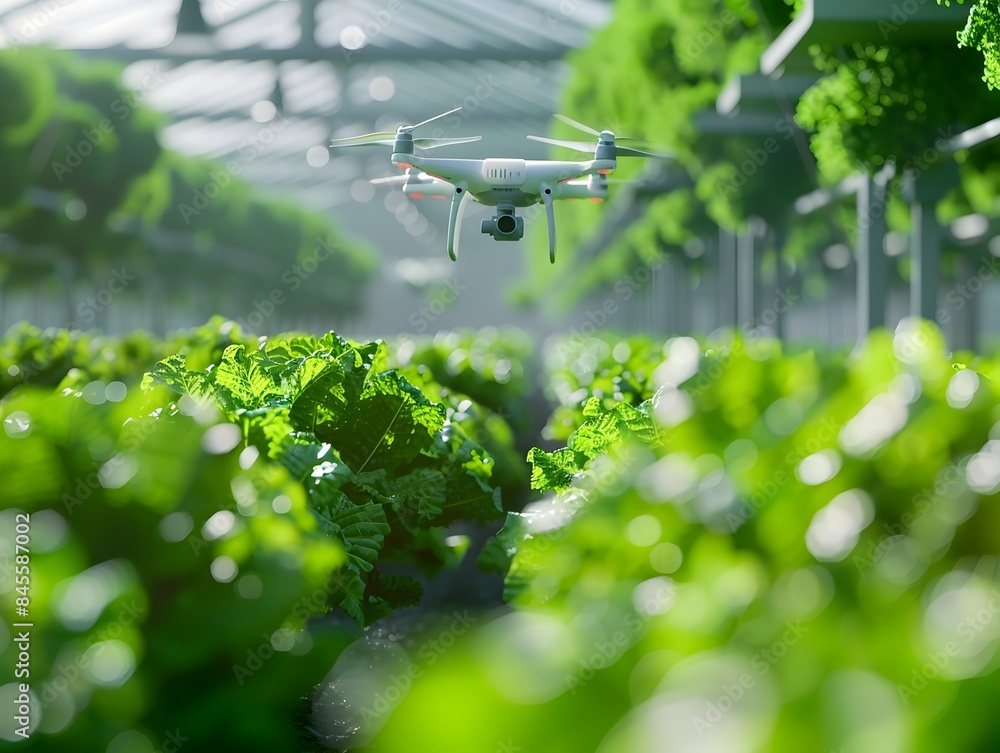 Poster high tech agriculture farm managed by drones and robots for efficient crop cultivation and monitorin