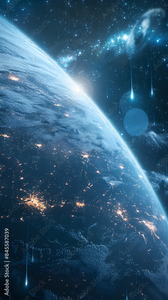 Poster futuristic space command center monitoring distant planetary missions