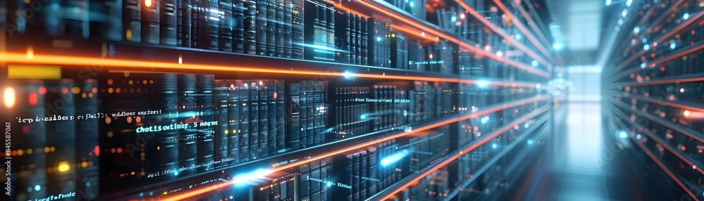 Poster futuristic digital library with interactive screens accessing the world s knowledge