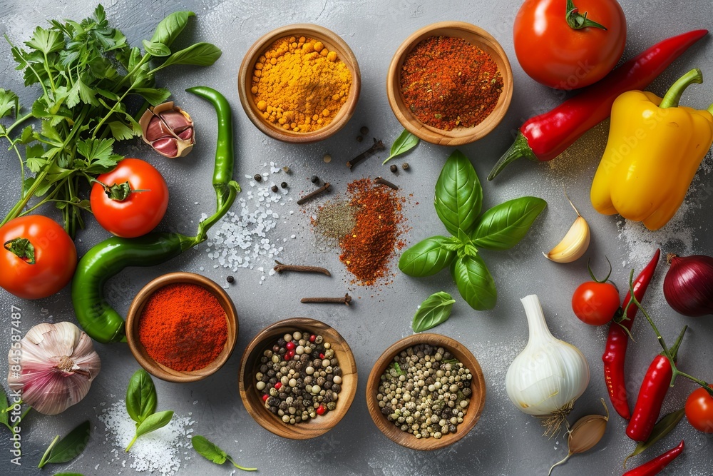 Poster an overhead view of various spices and fresh vegetables arranged on a kitchen table, including red a