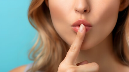 Naklejka premium Mysterious Woman Gesturing Silence with Finger on Lips