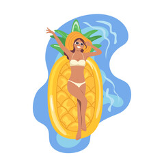 Young woman cartoon character swimming in pool enjoying tropical leisure summertime above view