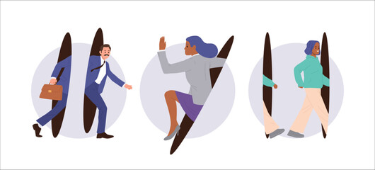 Businesspeople cartoon characters traveling through magic portal enjoying business trip isolated set