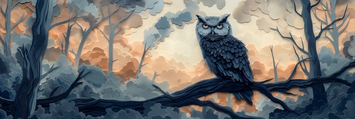 Owl on Charred Branch with Burnt Forest Background Paper Cut Art
