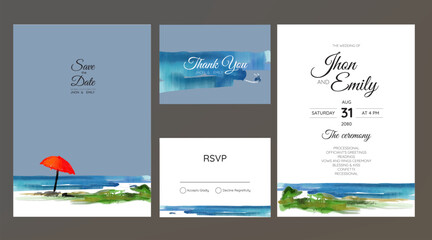 wedding invitation card, beach panorama, watercolor