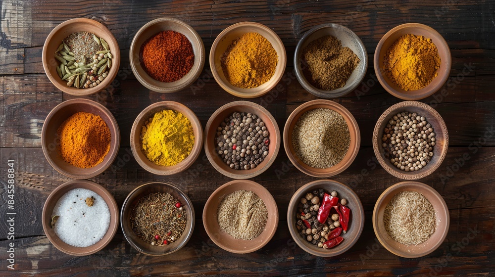 Poster a top-down view of various spices in ceramic bowls on a rustic wooden surface. the spices include tu