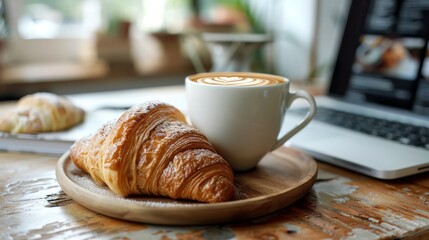 Two Freshly Baked Croissants and a Cup of Latte on a Wooden Tray With a Laptop in the Background