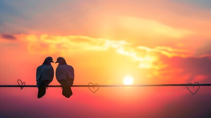 Two Doves Perched Peacefully Reflected on a Tranquil Lake at Sunset