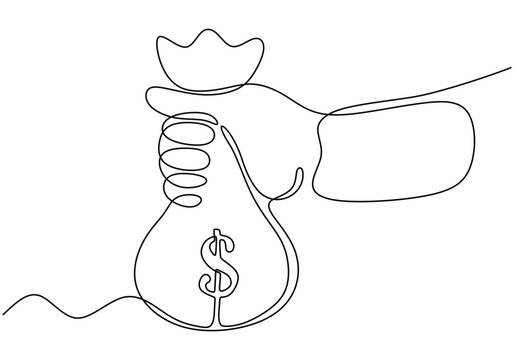 recommend clip art: Hand hold dollar money bag continuous line drawing. Money saving investment and finance bank concept