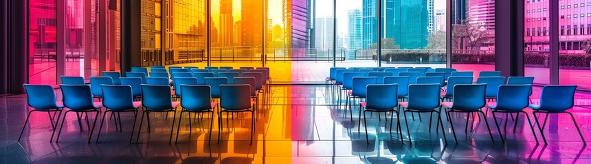 A vibrant and colorful photograph of an empty conference room with blue chairs arranged in rows, reflecting the city skyline through large windows on one side