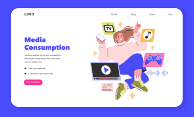 Media Consumption concept A woman enjoys a multimedia symphony, seamlessly juggling TV, music, and gaming Digital era leisure in vibrant vectors Vector illustration