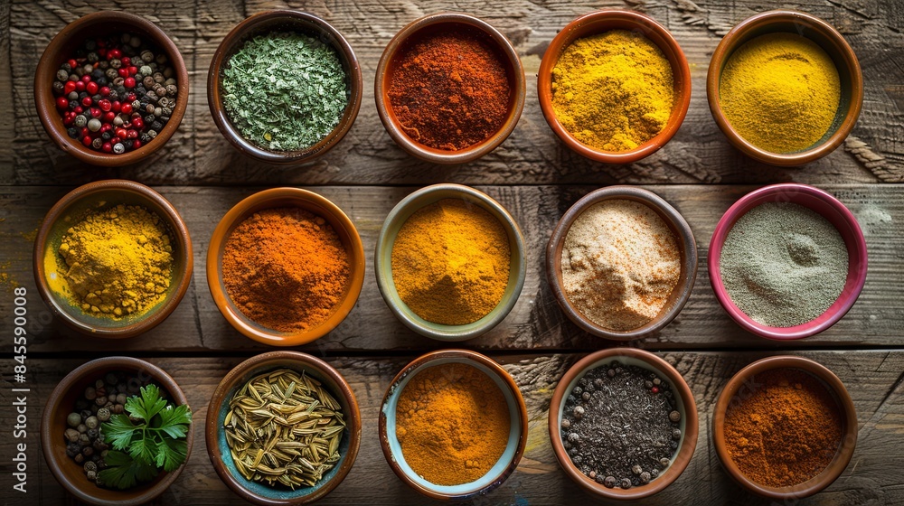 Poster a top-down view of an assortment of colorful spices in ceramic bowls, arranged on a rustic wooden su