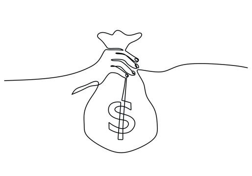 recommend clip art: Hand hold dollar money bag continuous line drawing. Money saving investment and finance bank concept