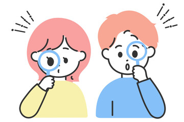 虫眼鏡を持っているかわいい男女のイラスト
