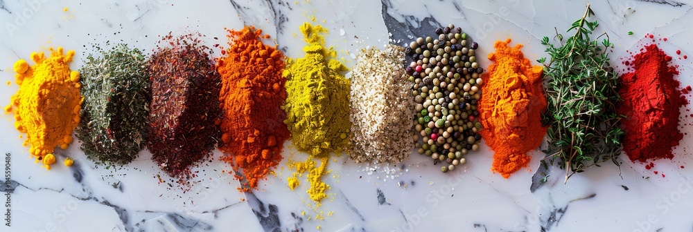 Fototapete A close-up view of various spices arranged in a row on a white marble surface. The spices include turmeric, coriander, paprika, peppercorns, and thyme. Generative AI