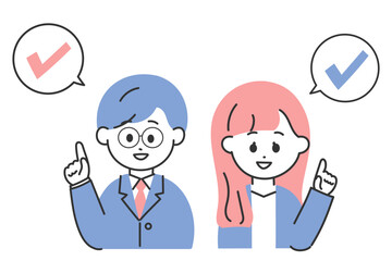 タスク完了のポーズをしているスーツの男女のイラスト